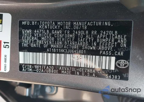 2018 Toyota Camry Le из США, поврежденный, VIN 4T1B11HK3JU645801